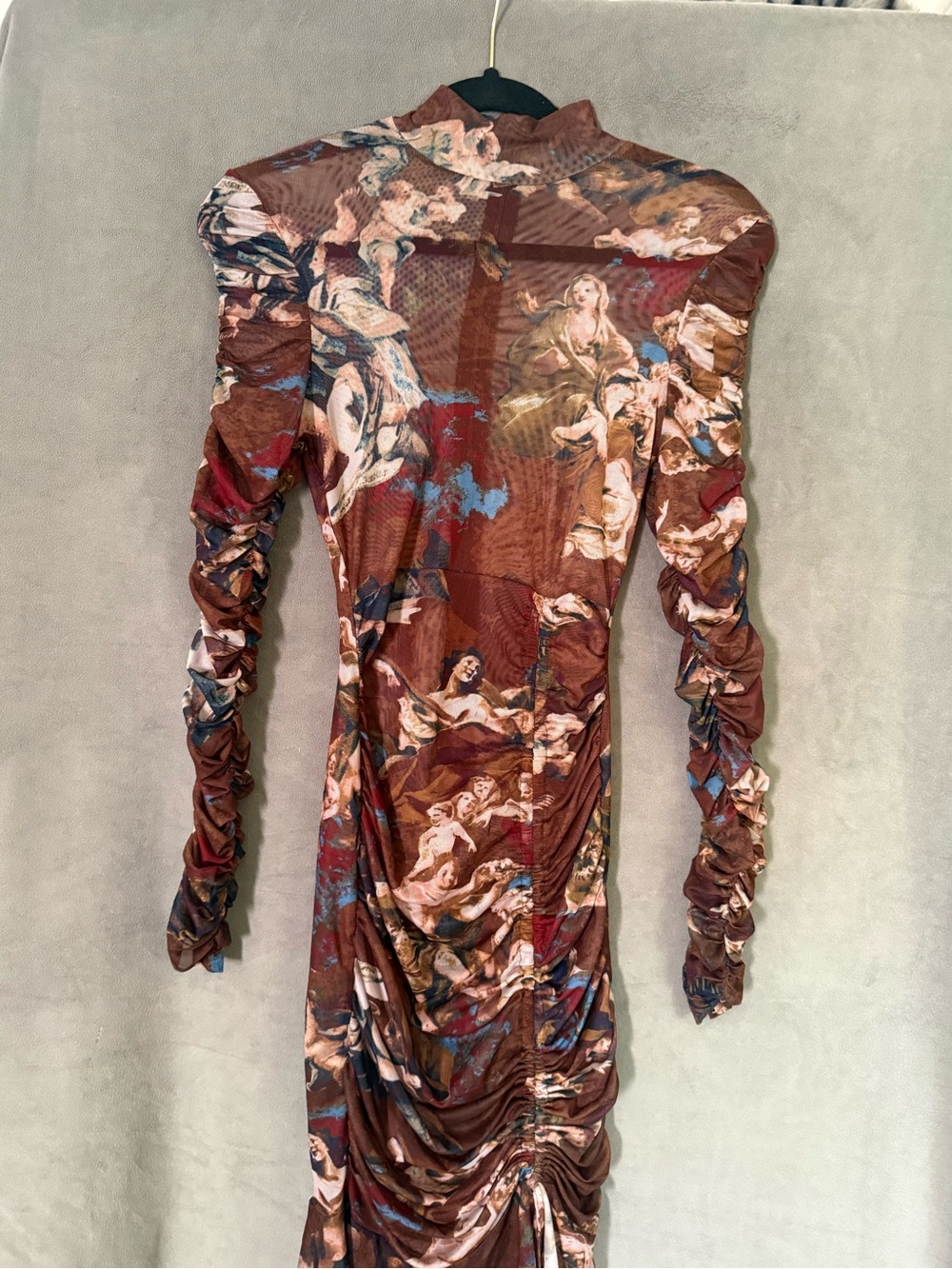 Fashion Nova Brown Multi-Angel Print Long-Sleeve Ruched Bodycon Dress -Sheer